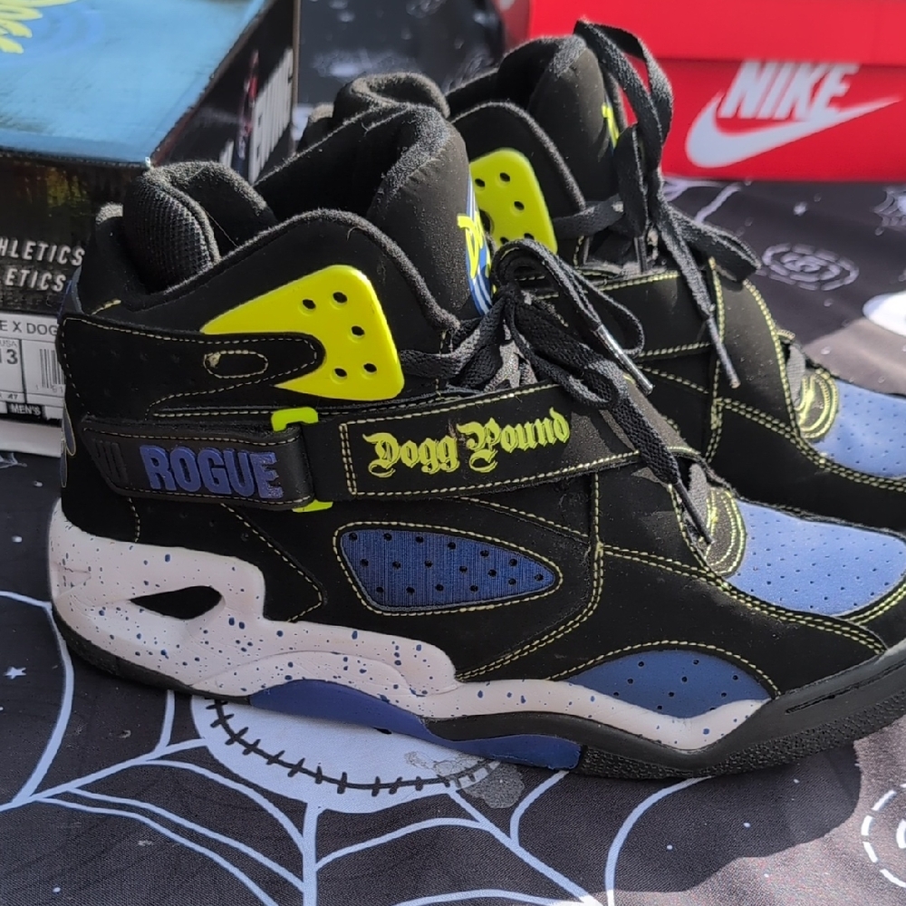 Rogue Dogg Pound High-Top Sneakers with Blue and Yellow Accents